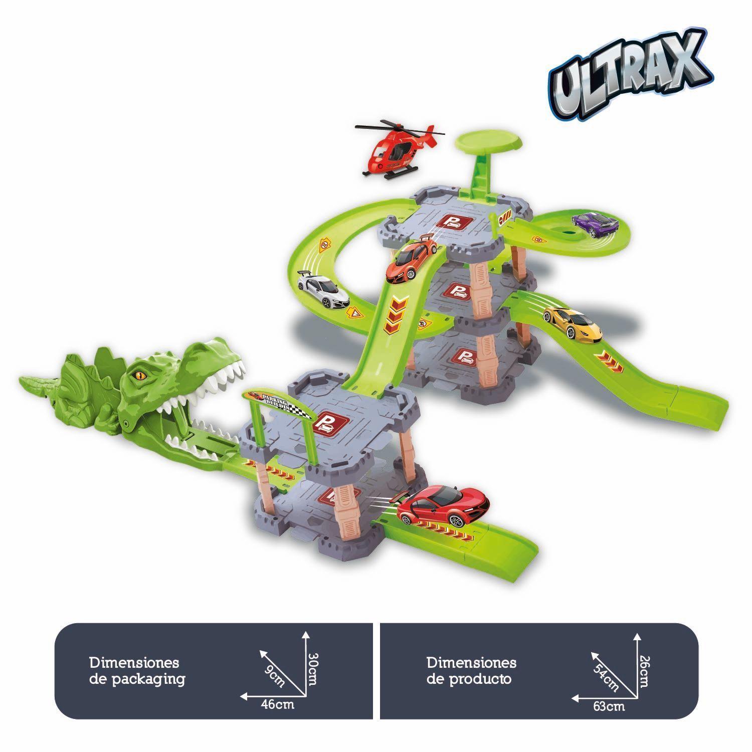Pista de Dinosaurios con Estacionamiento 34 Piezas y 6 Autos + Helicóptero-2