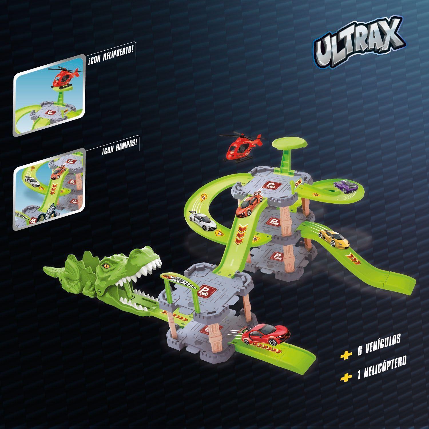 Pista de Dinosaurios con Estacionamiento 34 Piezas y 6 Autos + Helicóptero-3