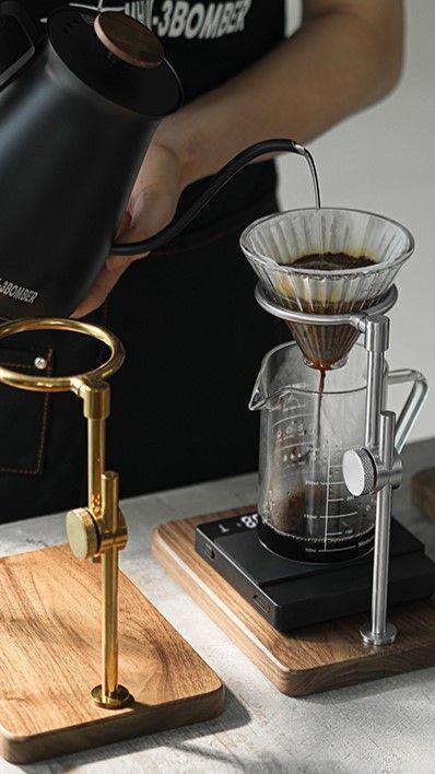 Soporte Para Café Por Goteo - Dorado Con Base De Madera-1