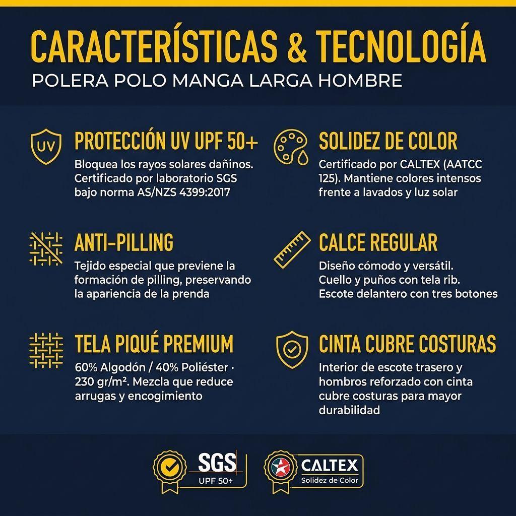Polera Hombre Piqué Manga Larga Premium Casual Filtro UV-5