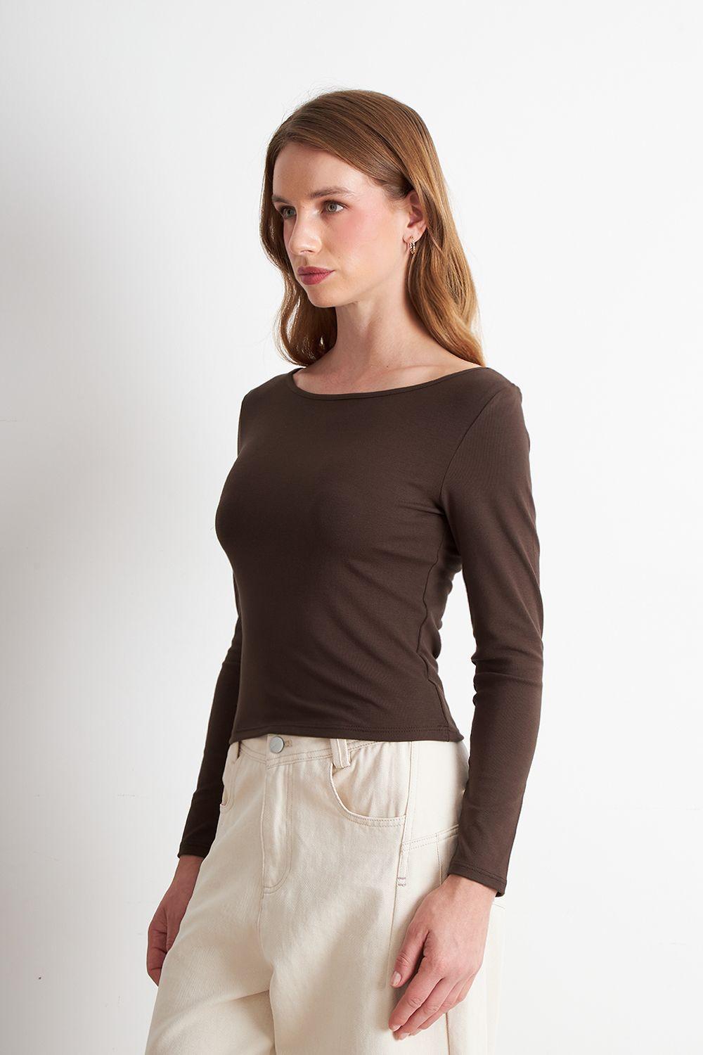 Polera Manga Larga Cuello Bote Café Nicopoly-2