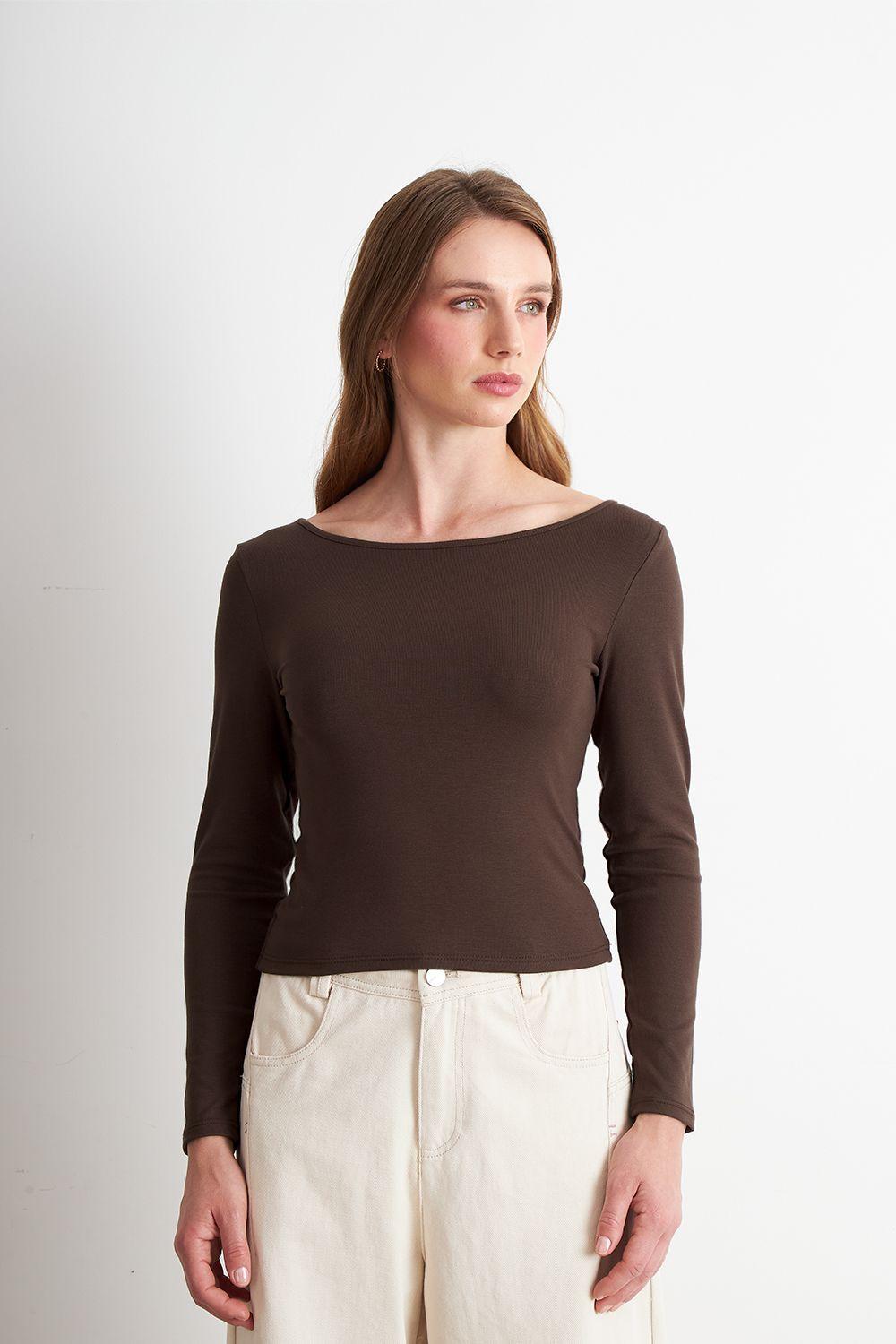 Polera Manga Larga Cuello Bote Café Nicopoly-4