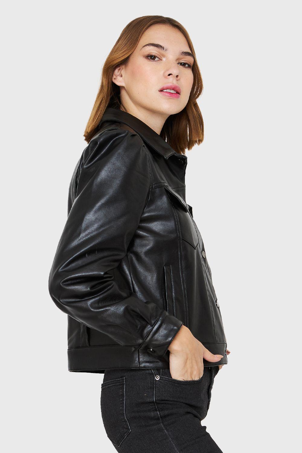 Chaqueta Ecocuero Bolsillos Frontales Negro Nicopoly-2
