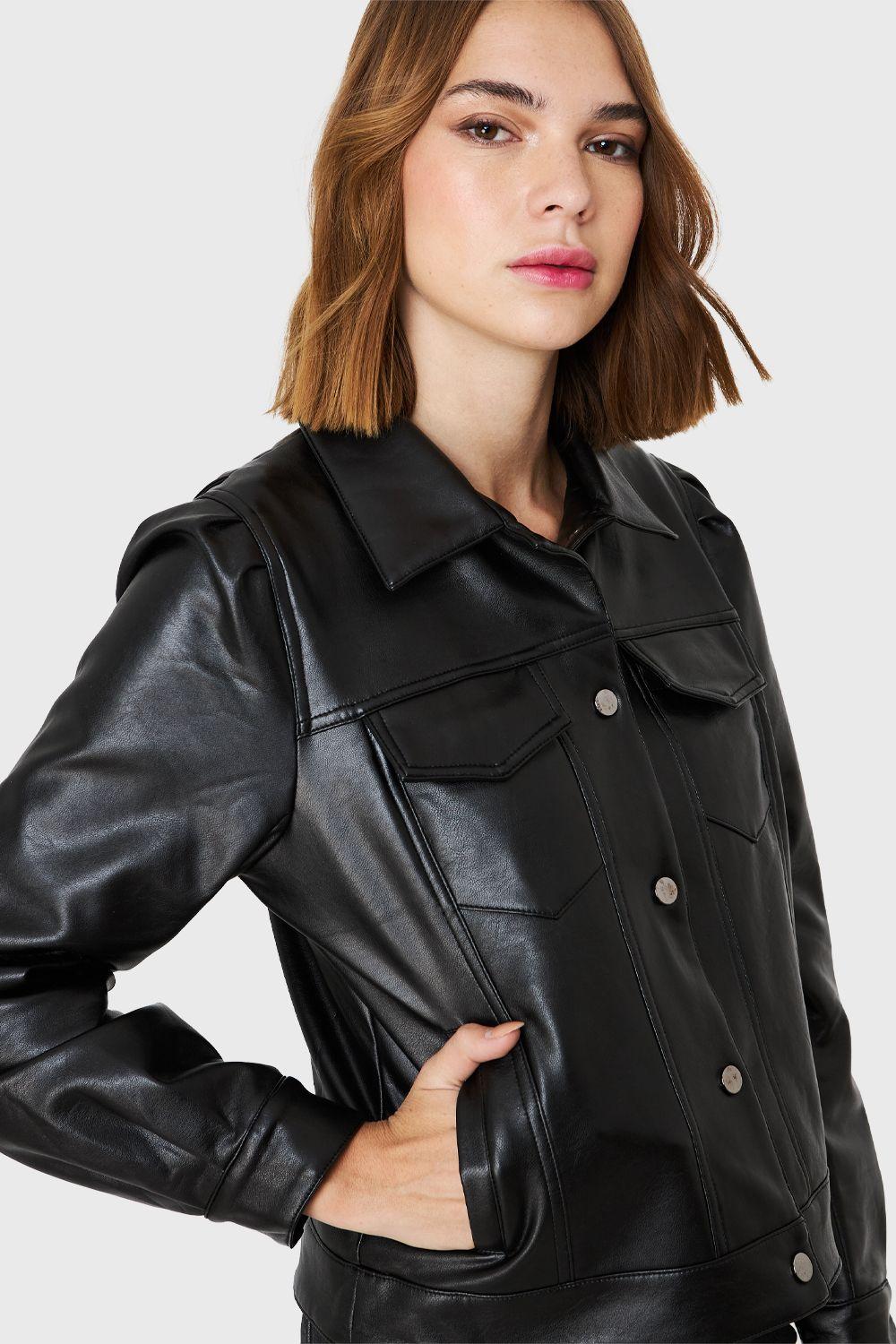 Chaqueta Ecocuero Bolsillos Frontales Negro Nicopoly-5