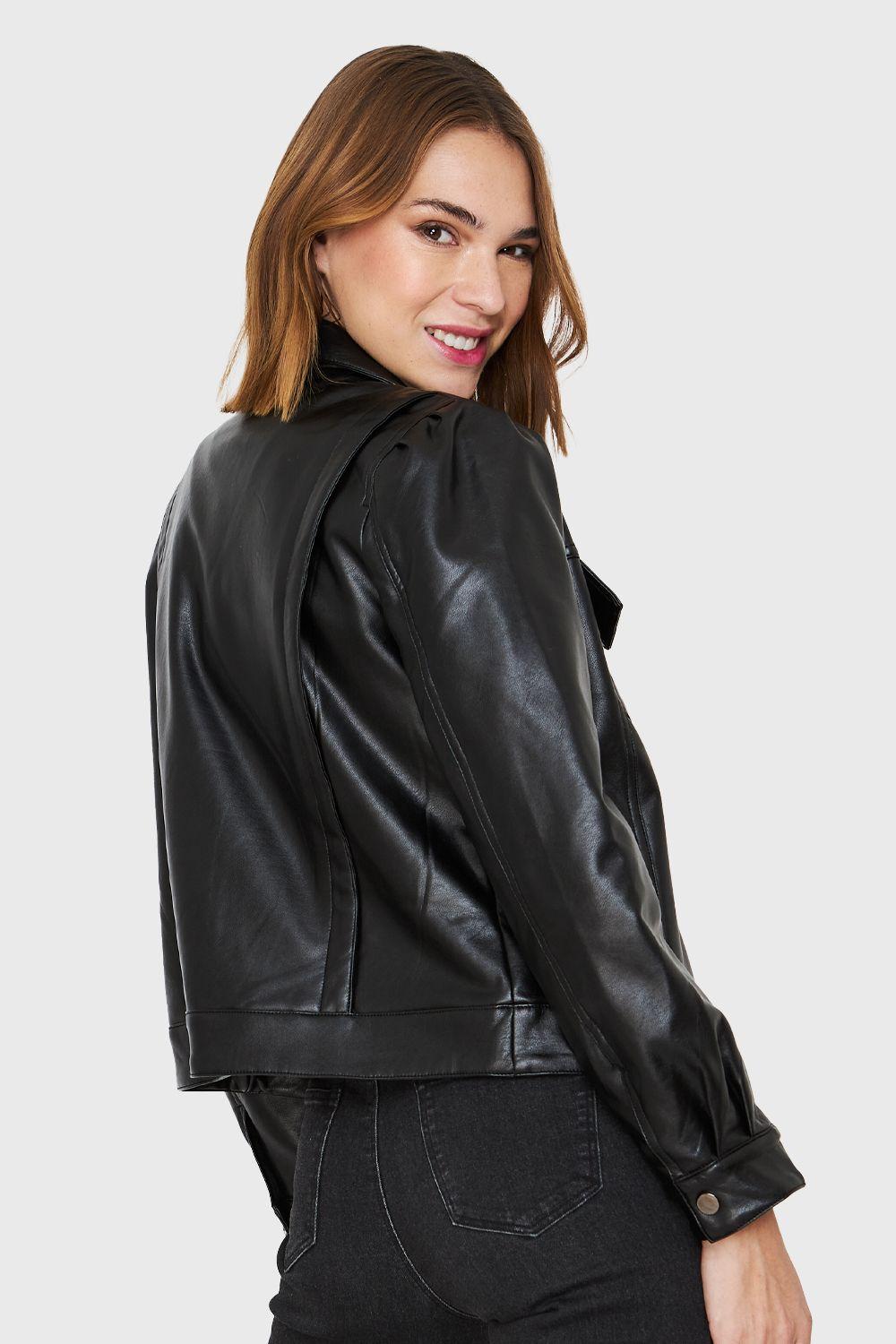 Chaqueta Ecocuero Bolsillos Frontales Negro Nicopoly-3