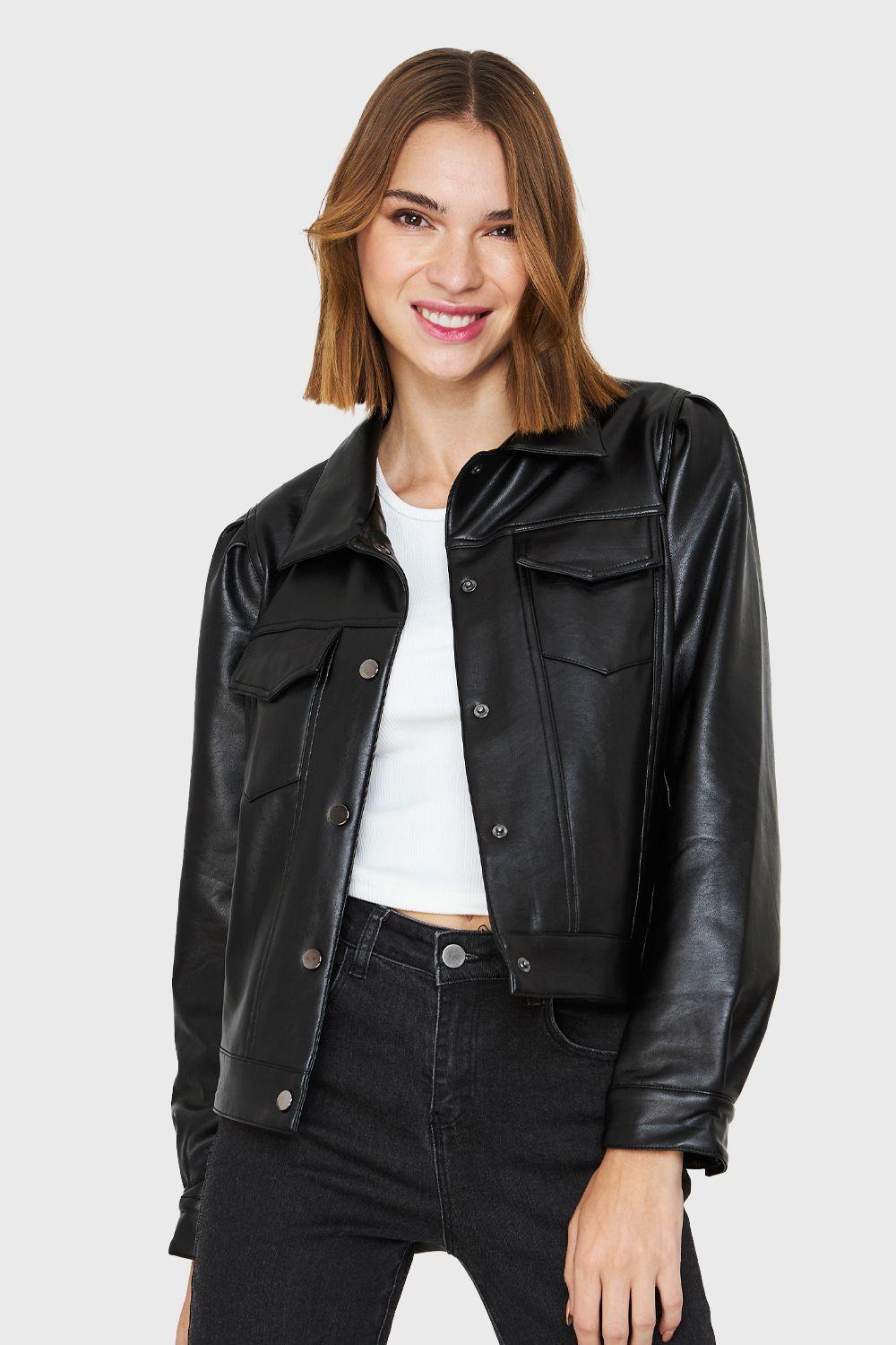 Chaqueta Ecocuero Bolsillos Frontales Negro Nicopoly-0