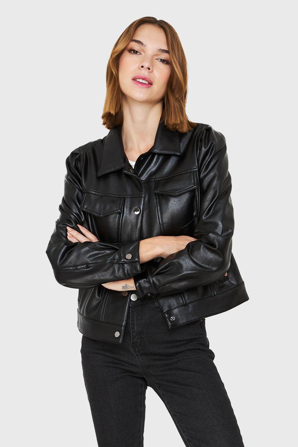 Chaqueta Ecocuero Bolsillos Frontales Negro Nicopoly-4