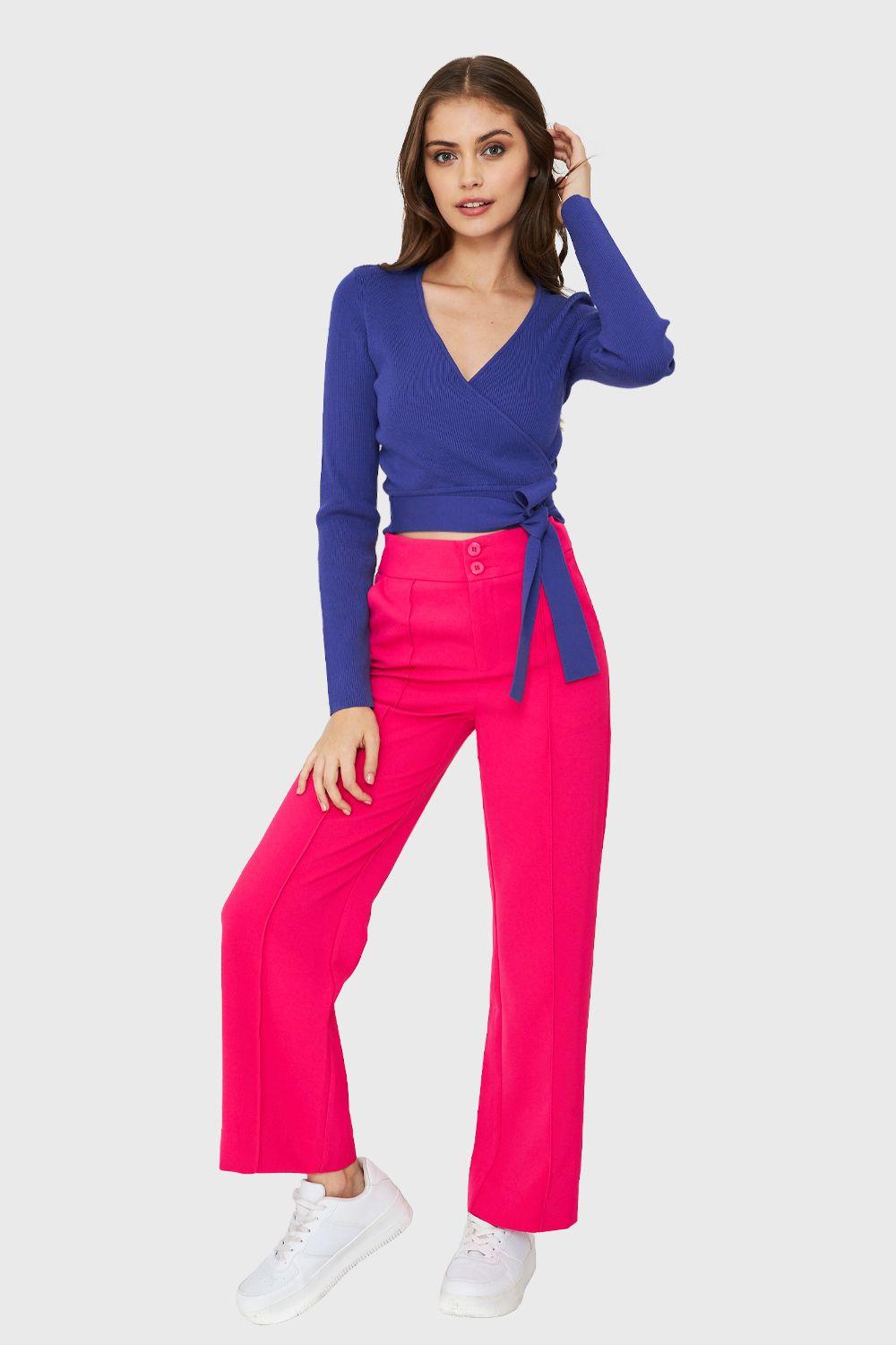 Crop Top Escote Cruzado Manga Larga Azul Rey Nicopoly-1