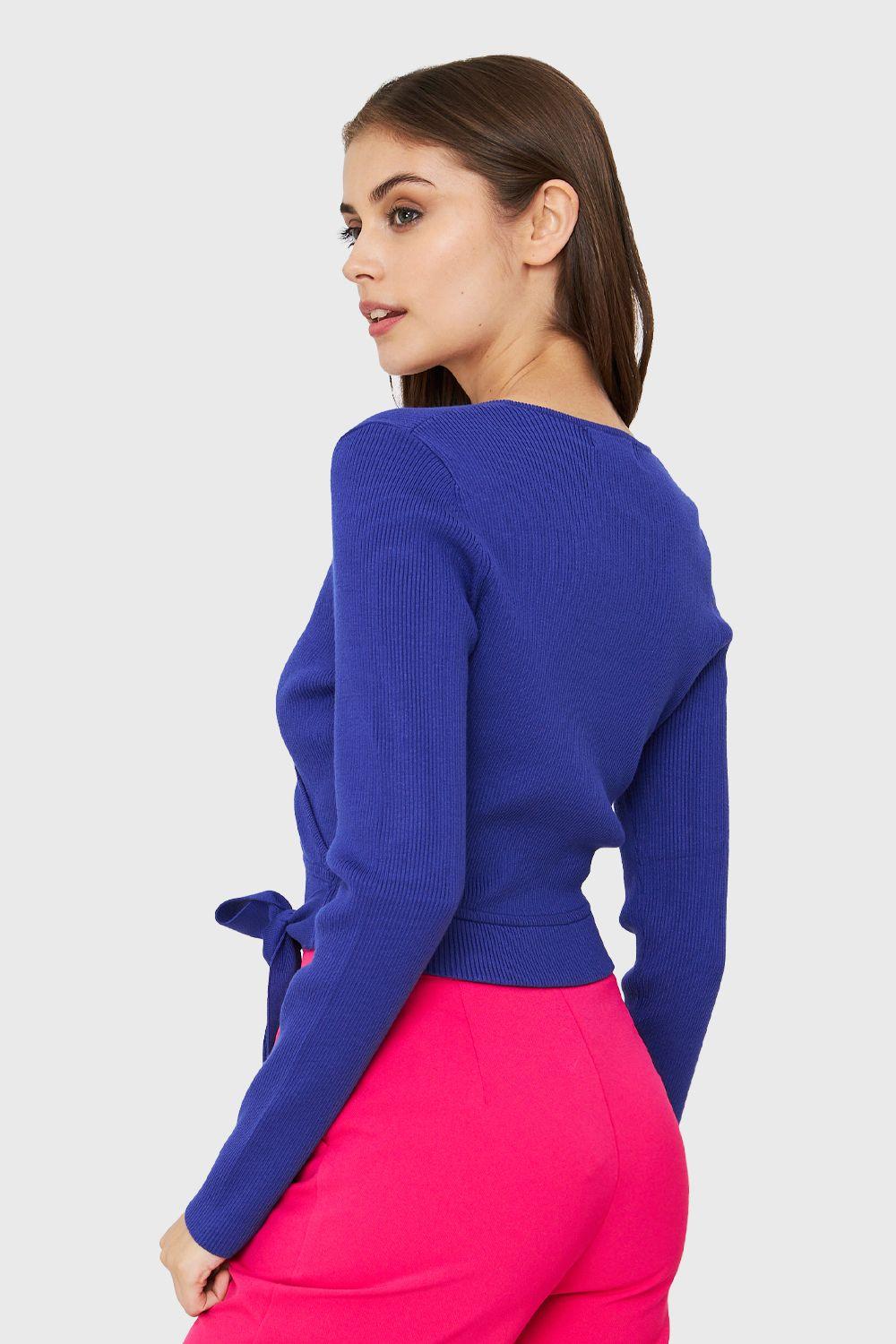 Crop Top Escote Cruzado Manga Larga Azul Rey Nicopoly-3