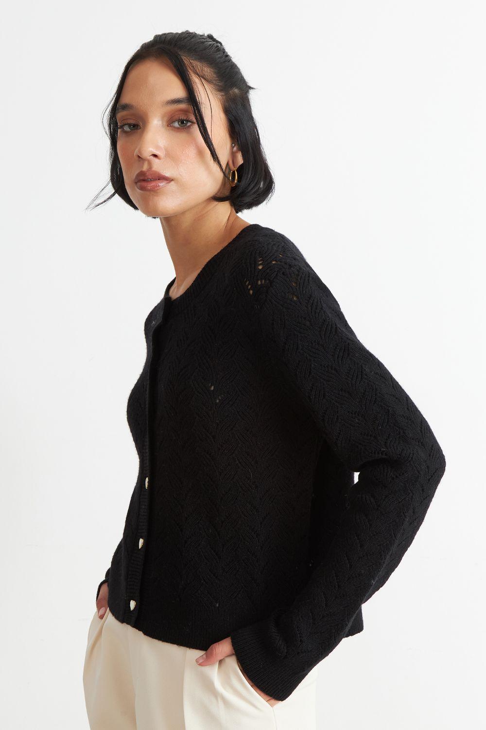 Cárdigan Calado Cuello Redondo Negro Nicopoly-2