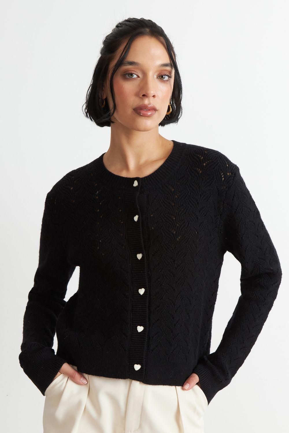 Cárdigan Calado Cuello Redondo Negro Nicopoly-4