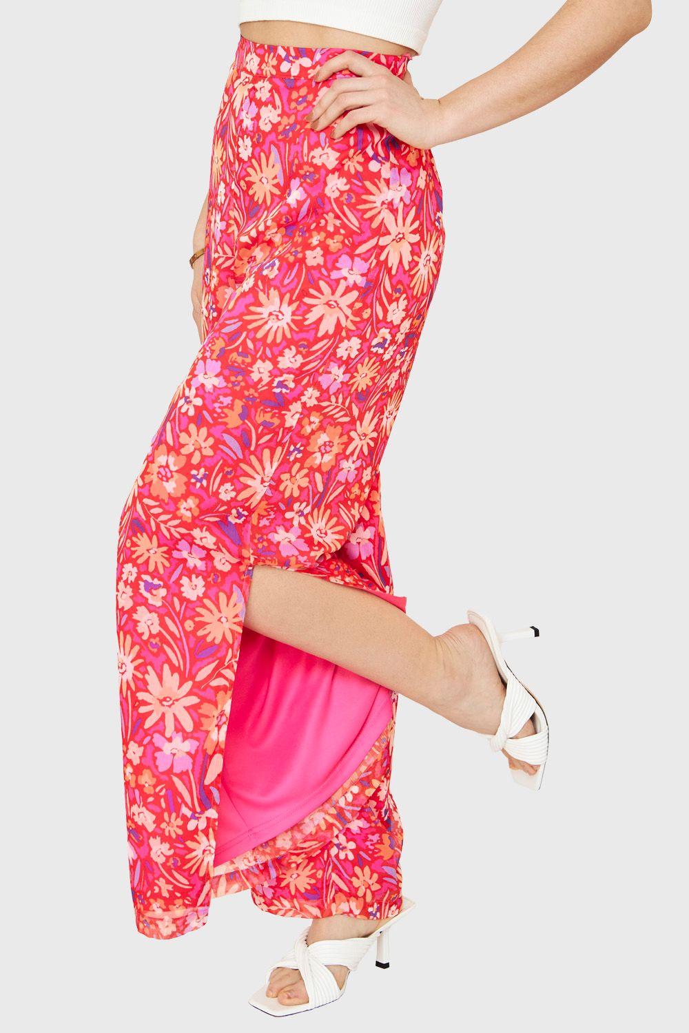 Pantalón Palazzo Tajos Floral Fucsia Nicopoly-2