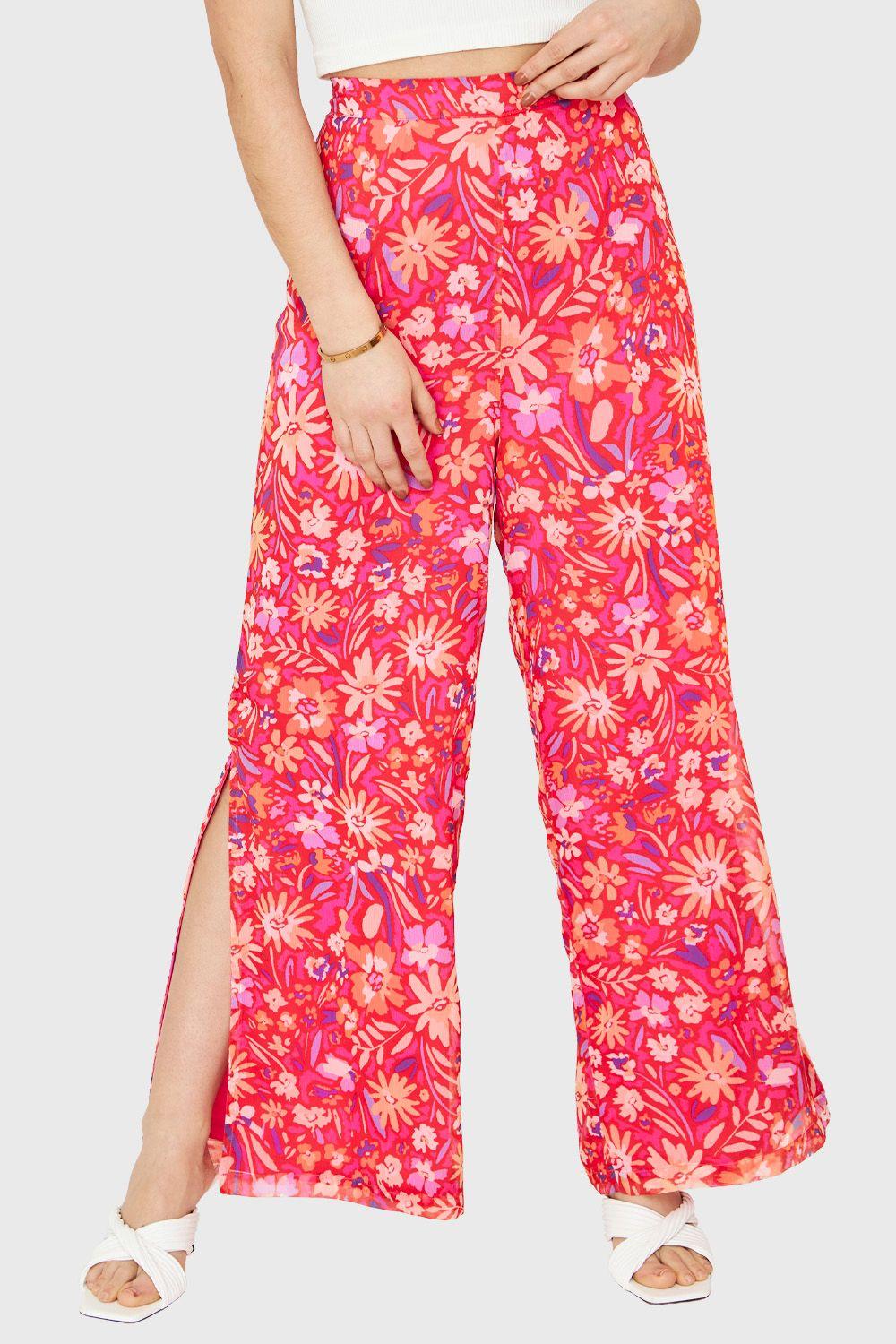 Pantalón Palazzo Tajos Floral Fucsia Nicopoly-0