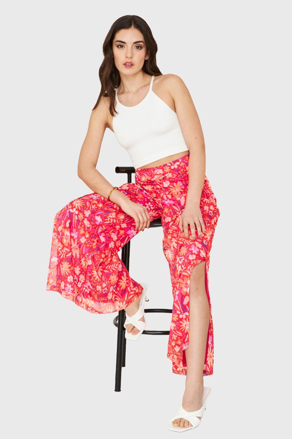 Pantalón Palazzo Tajos Floral Fucsia Nicopoly-4