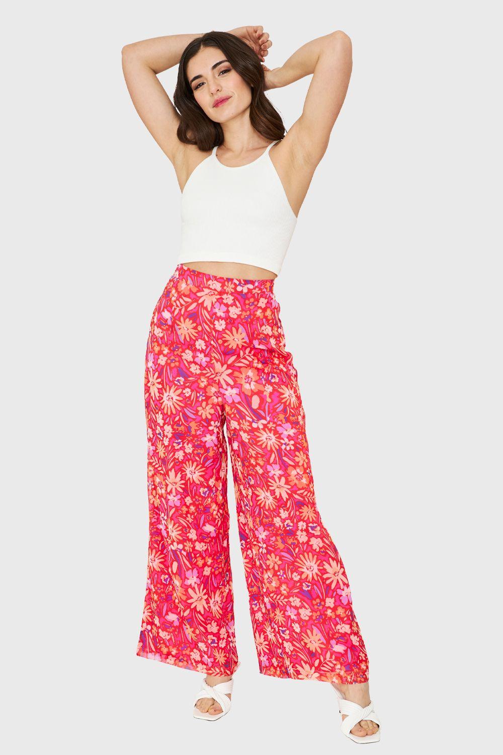 Pantalón Palazzo Tajos Floral Fucsia Nicopoly-1