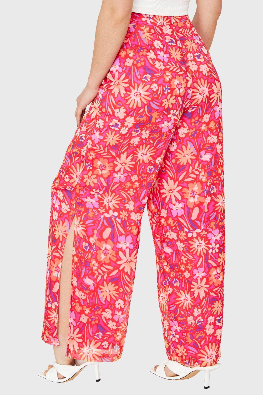 Pantalón Palazzo Tajos Floral Fucsia Nicopoly-3