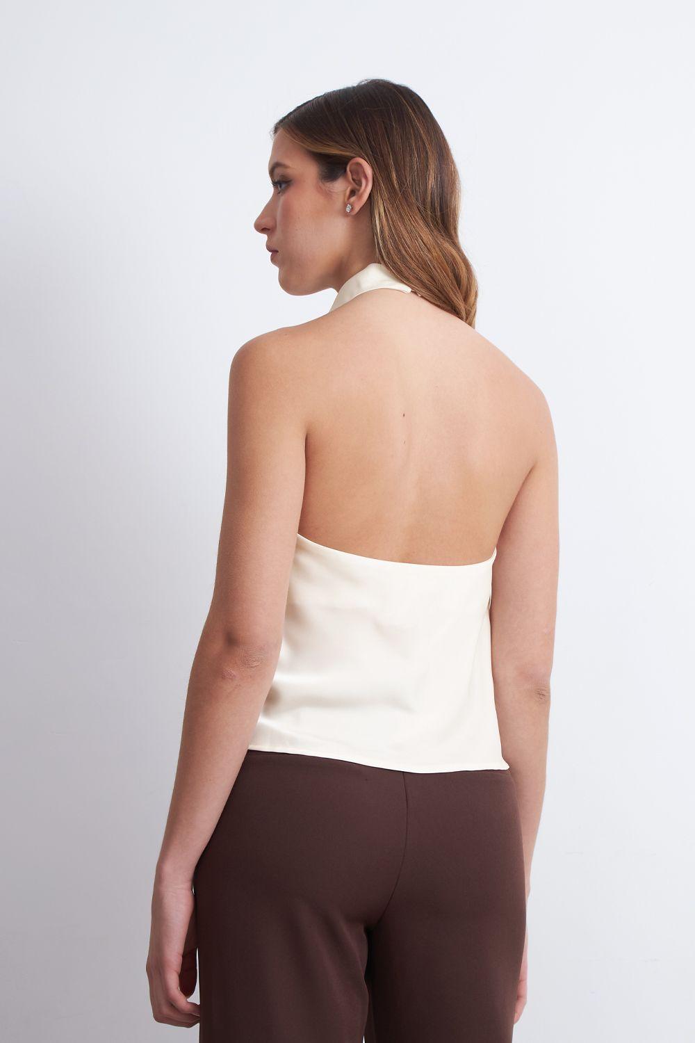 Blusa Drapeada Tipo Satín Cuello Alto Blanco Nicopoly-3