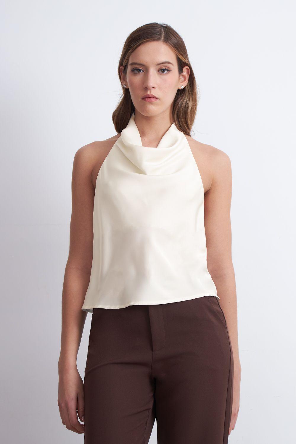 Blusa Drapeada Tipo Satín Cuello Alto Blanco Nicopoly-5