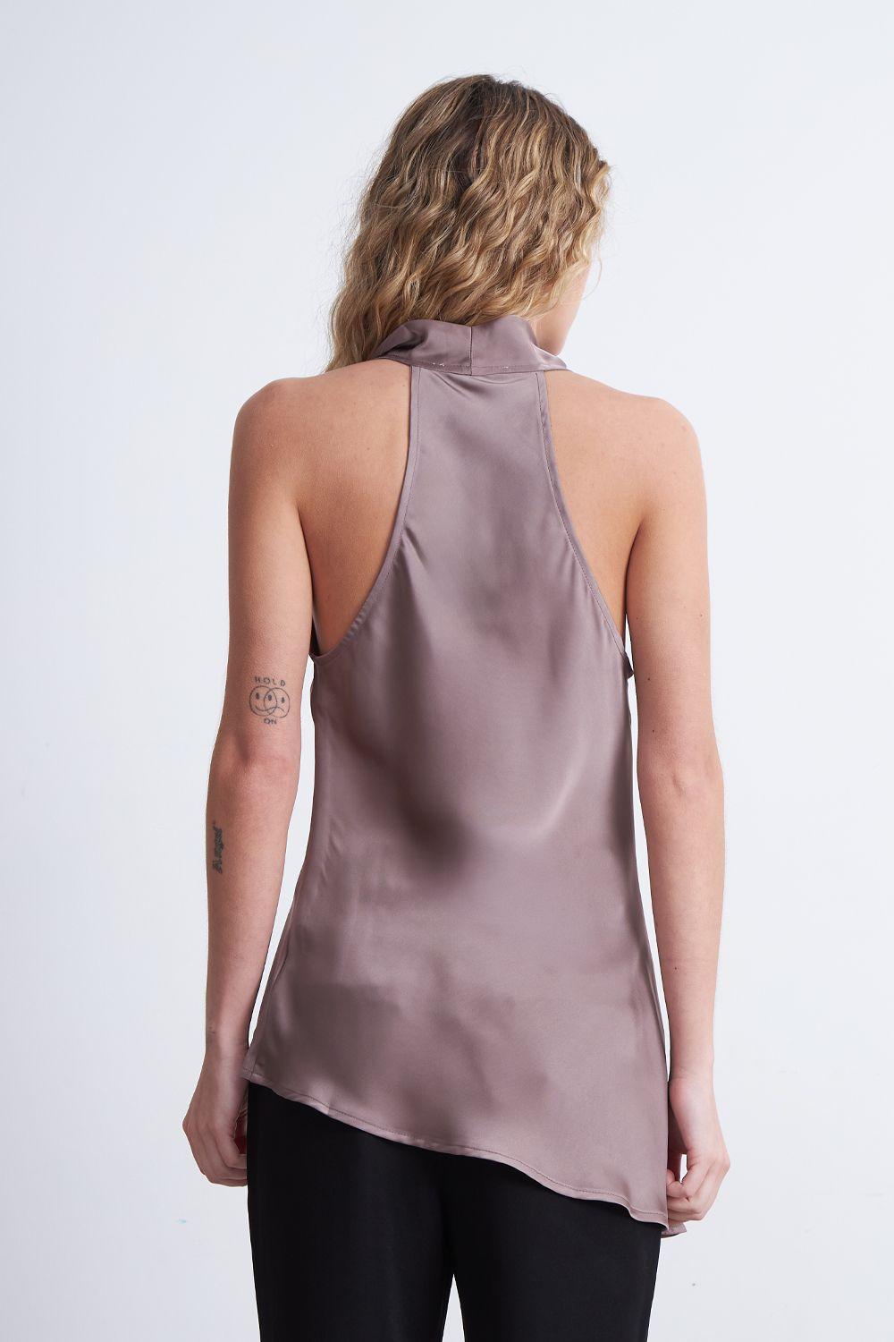 Blusa Drapeada Tipo Satín con Corbatín Rosado Nicopoly-3