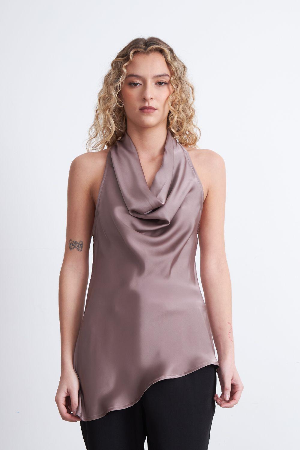 Blusa Drapeada Tipo Satín con Corbatín Rosado Nicopoly-5