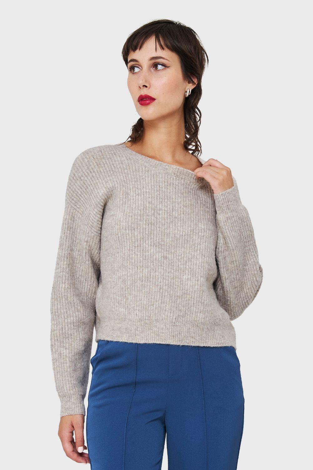 Sweater Crop Acanalado Khaki Nicopoly-4