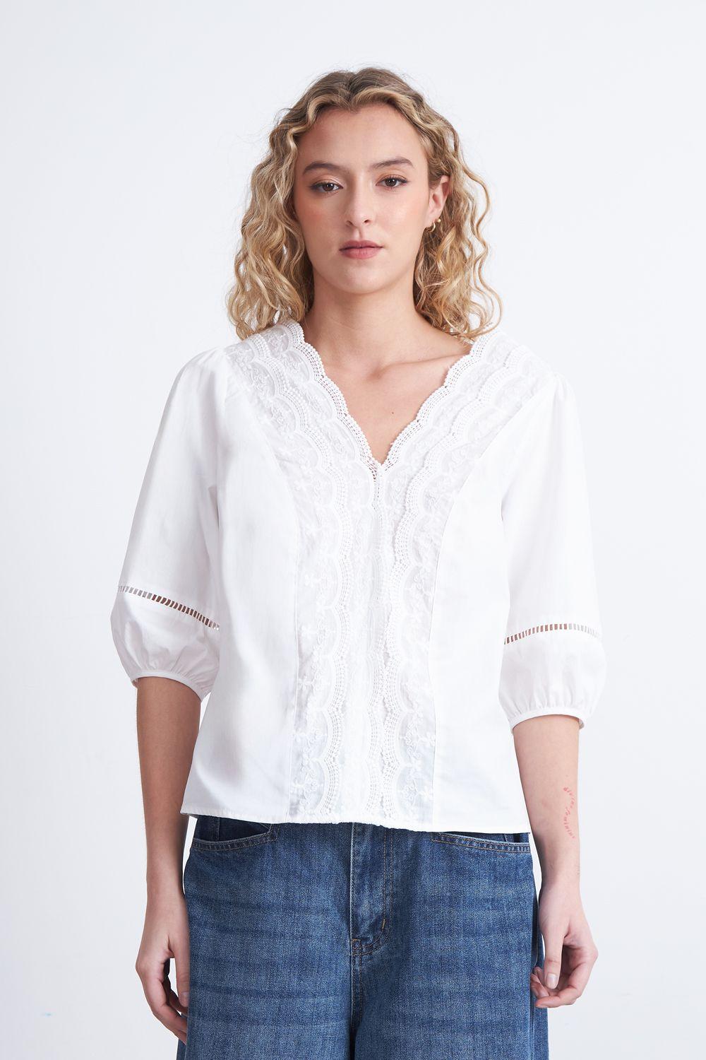 Blusa Encaje Manga Globo Blanco Nicopoly-4