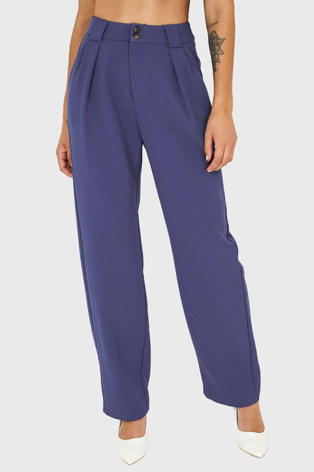 Pantalón Recto Con Pinzas Azul Acero Nicopoly-4