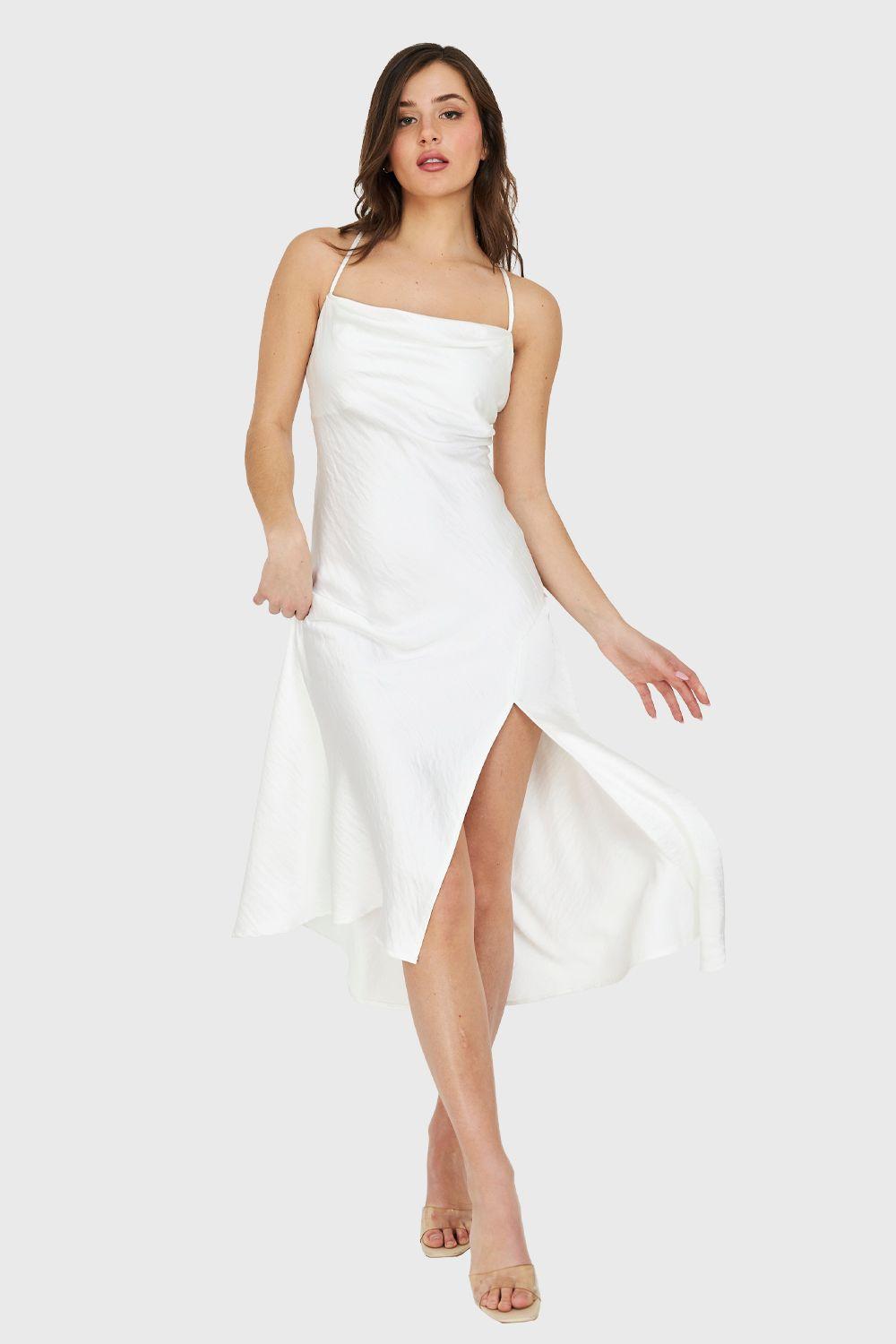Vestido Midi Escote Drapeado Blanco Nicopoly-4