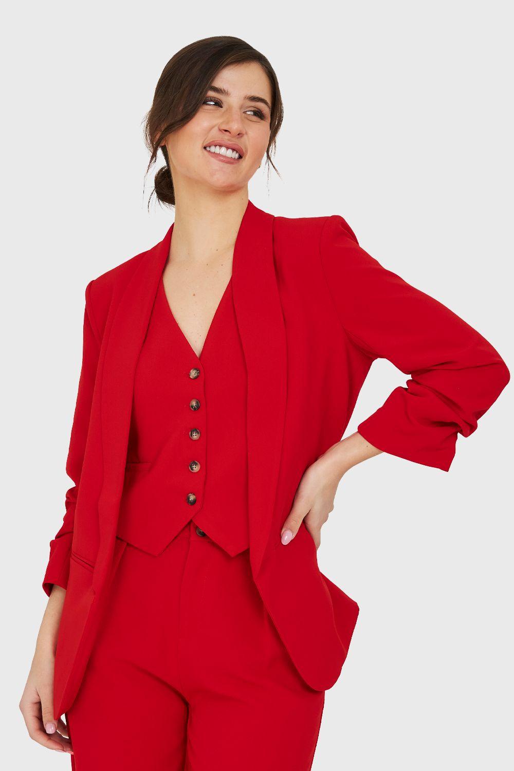 Blazer Manga 3/4 Ajustada Con Pliegues Rojo Nicopoly-0