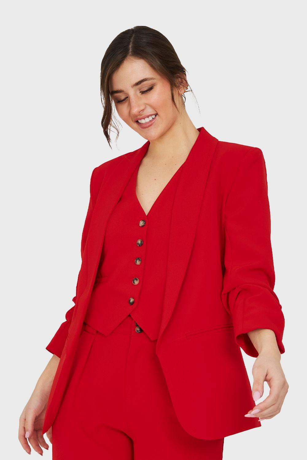 Blazer Manga 3/4 Ajustada Con Pliegues Rojo Nicopoly-4