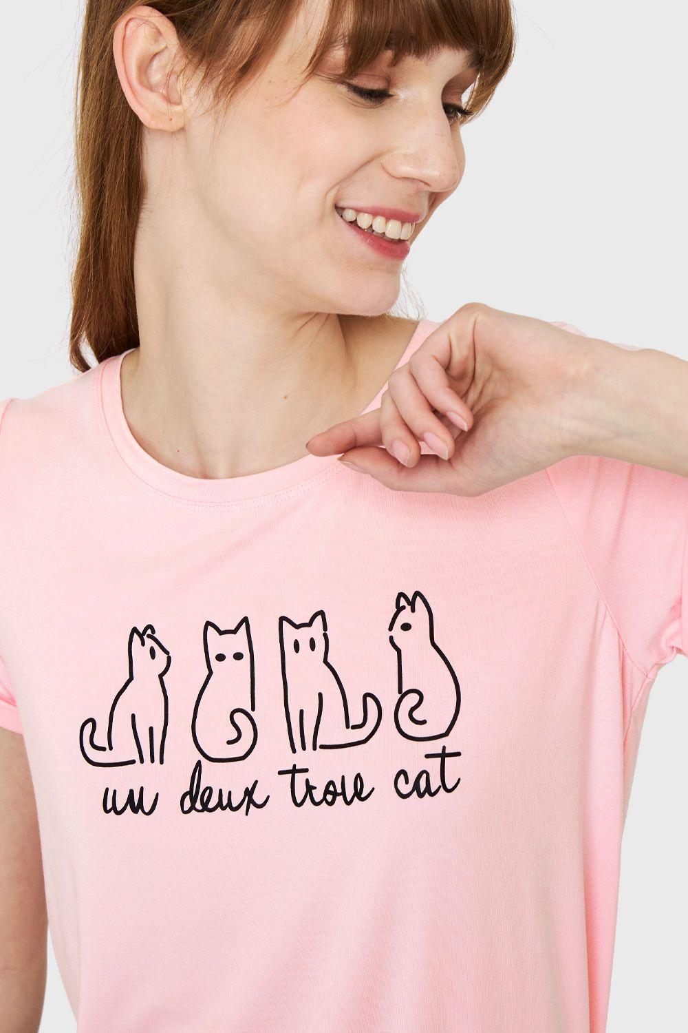 Polera Estampado Gatos Rosa Nicopoly-5