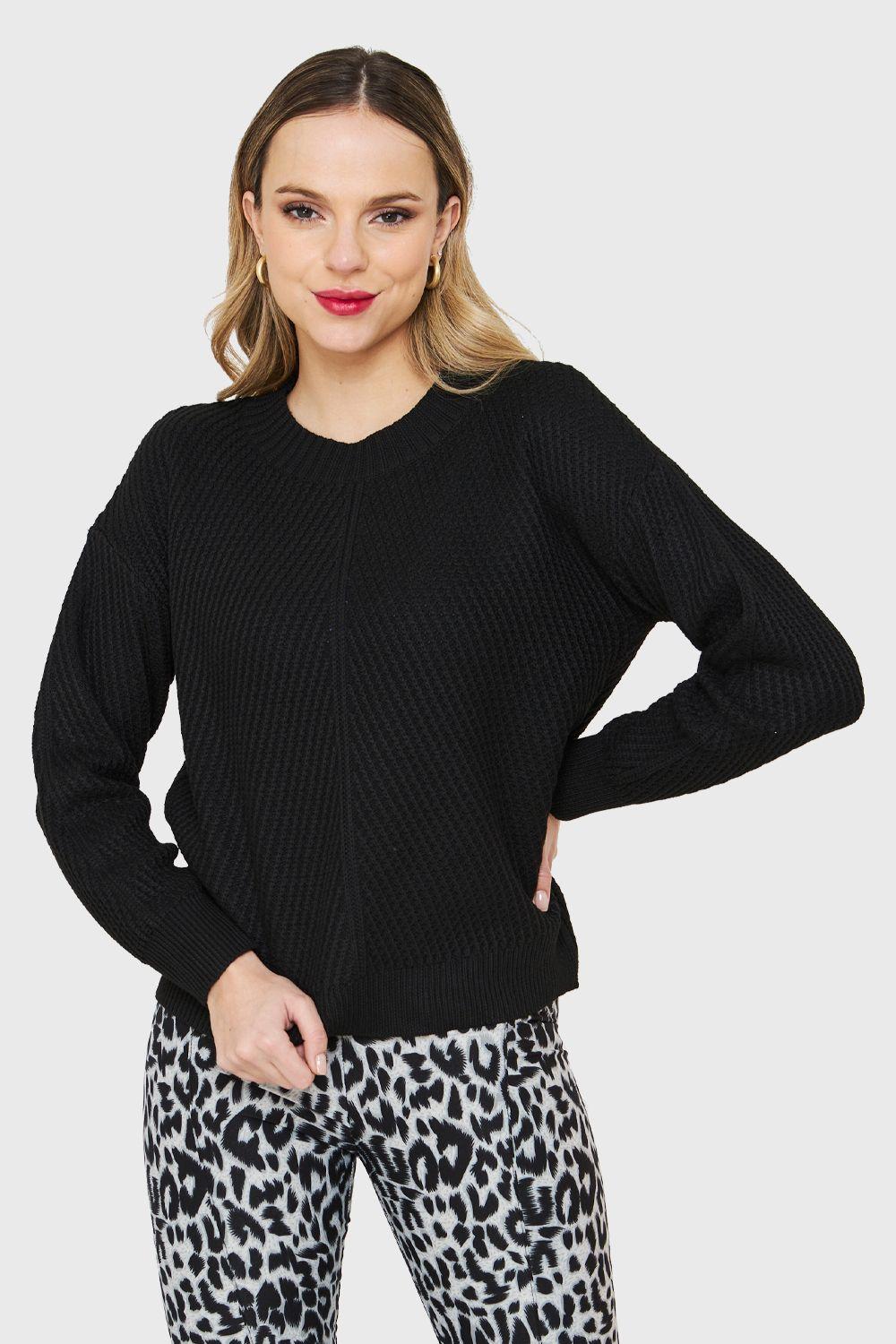 Sweater Acanalado Cuello Redondo Negro Nicopoly-0
