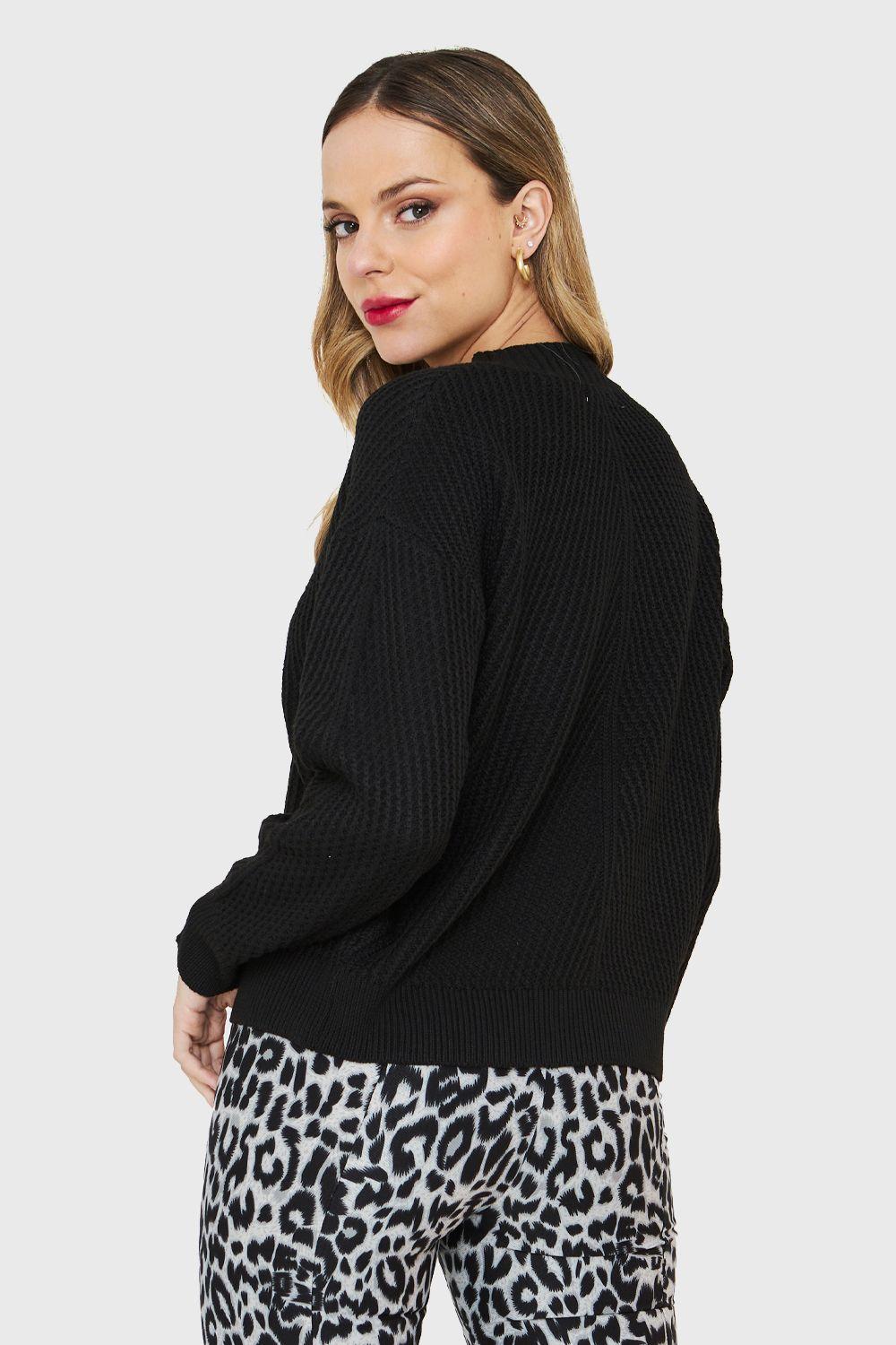 Sweater Acanalado Cuello Redondo Negro Nicopoly-3