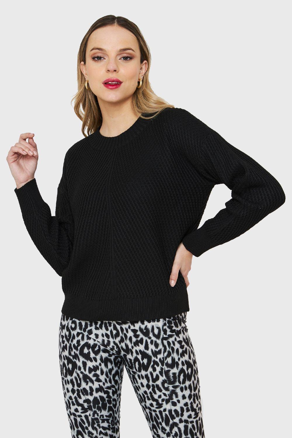 Sweater Acanalado Cuello Redondo Negro Nicopoly-4