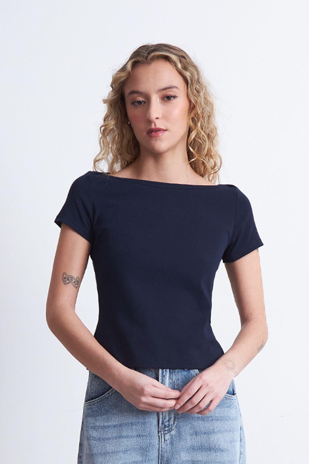Polera Manga Corta Cuello Bote Azul Marino Nicopoly-5
