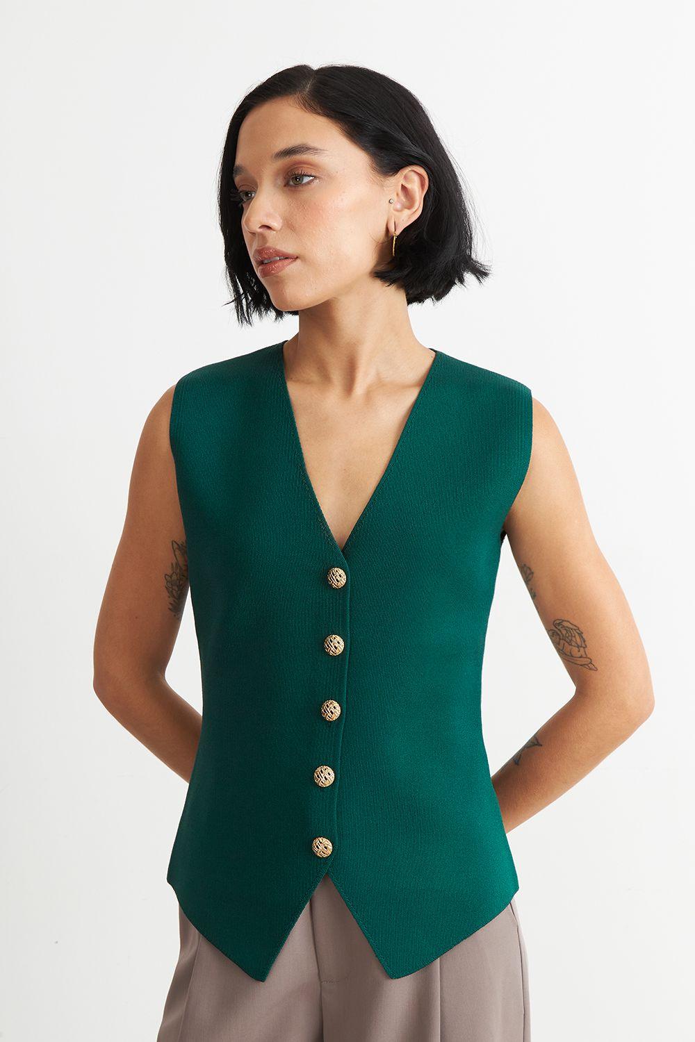 Gilet Largo con Botones Verde Nicopoly-4