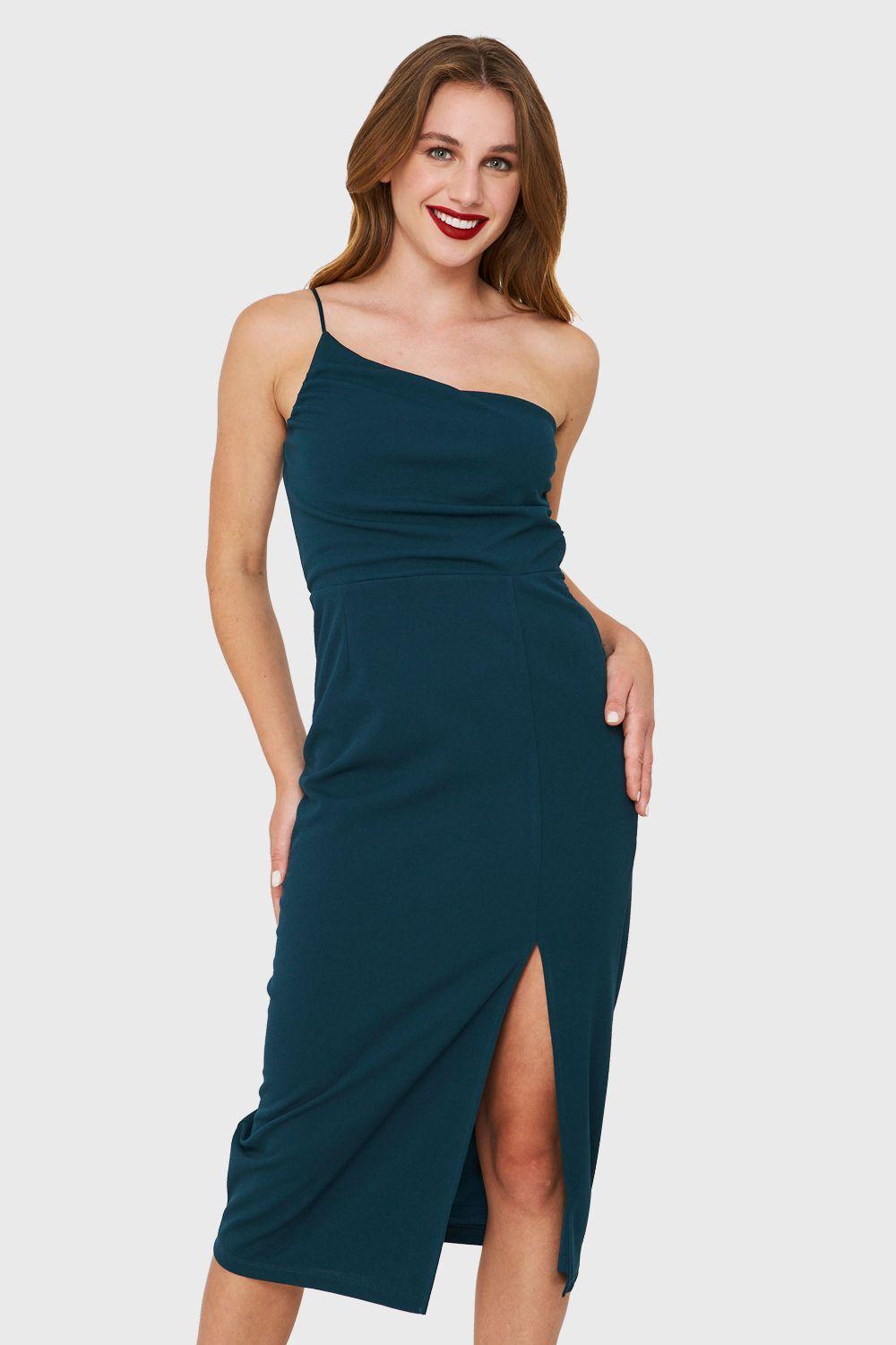 Vestido Un Hombro y Tajo Verde Petróleo Nicopoly-0
