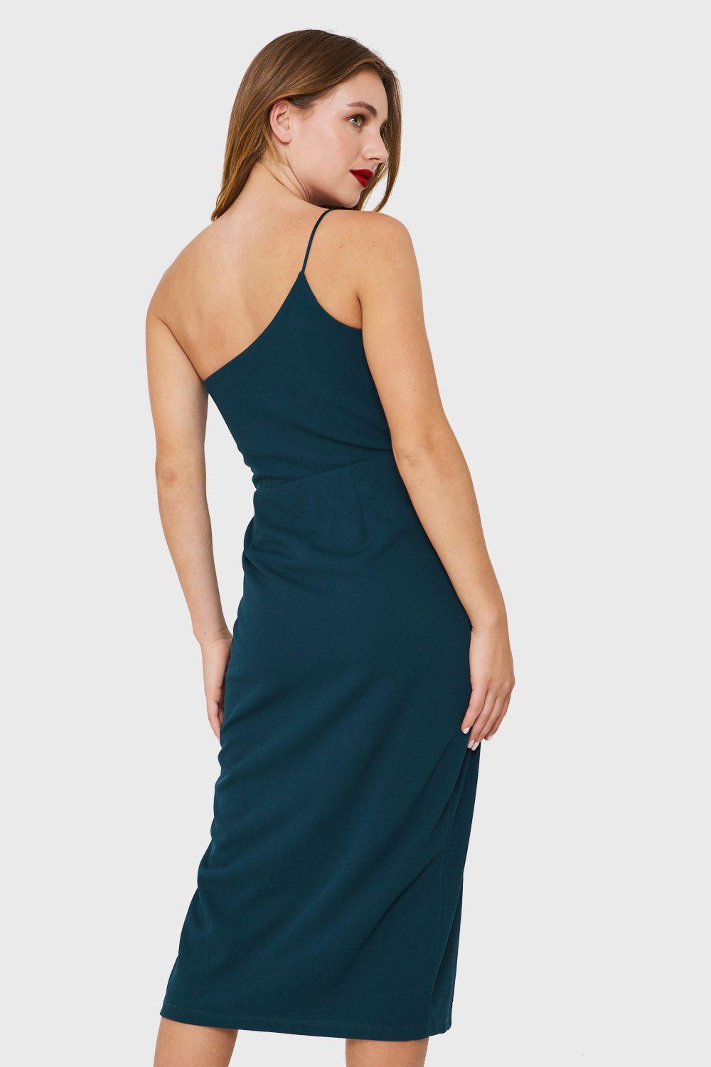 Vestido Un Hombro y Tajo Verde Petróleo Nicopoly-3