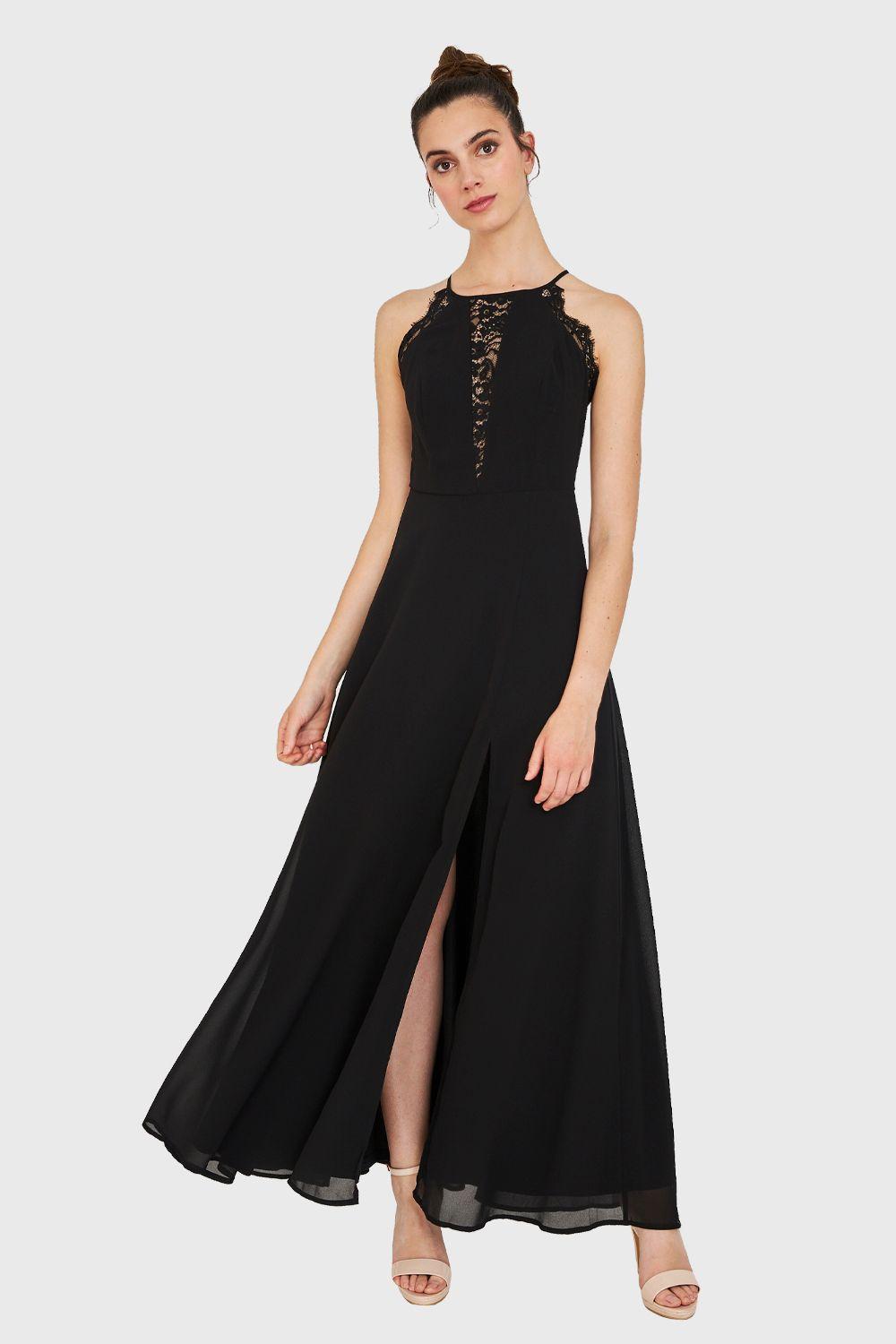 Vestido Detalles Encaje y Tajo Negro Nicopoly-4