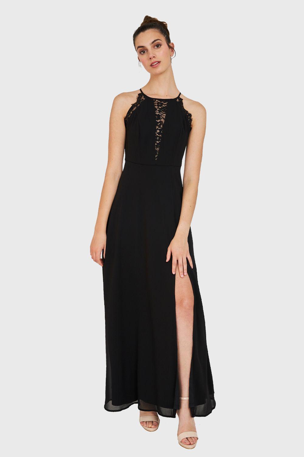 Vestido Detalles Encaje y Tajo Negro Nicopoly-1