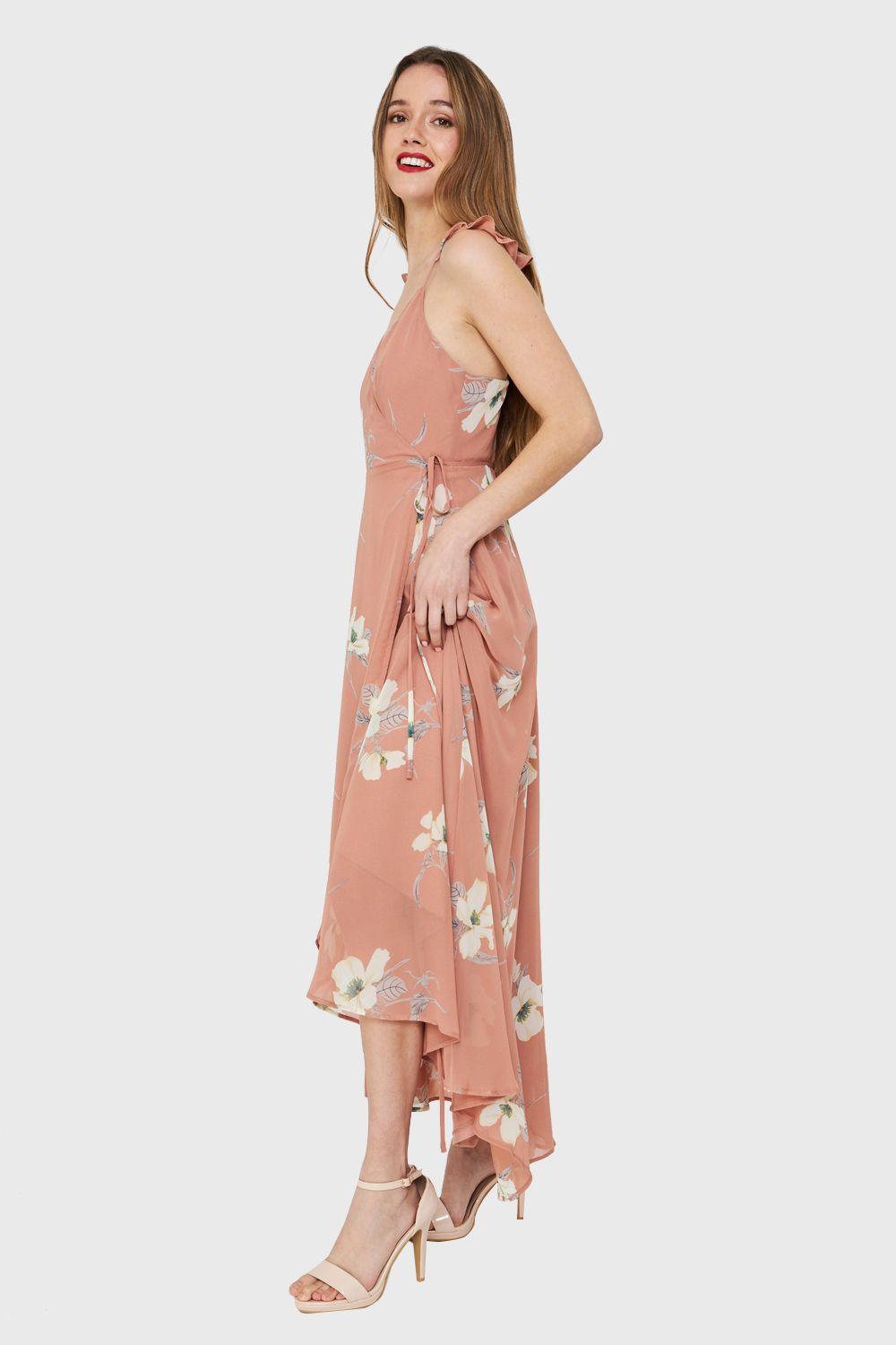 Vestido Largo Flores Envolvente Nude Nicopoly-2
