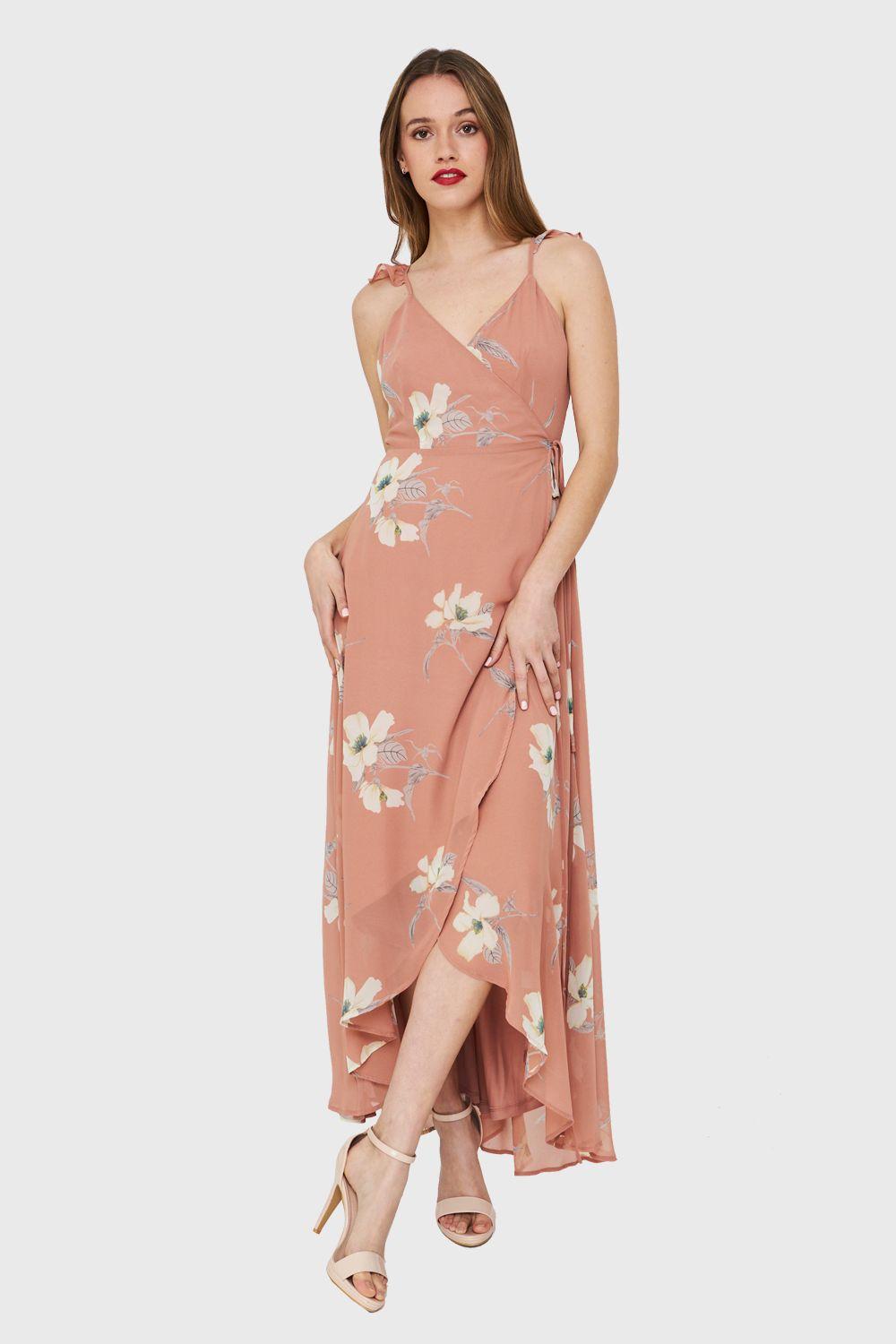 Vestido Largo Flores Envolvente Nude Nicopoly-4