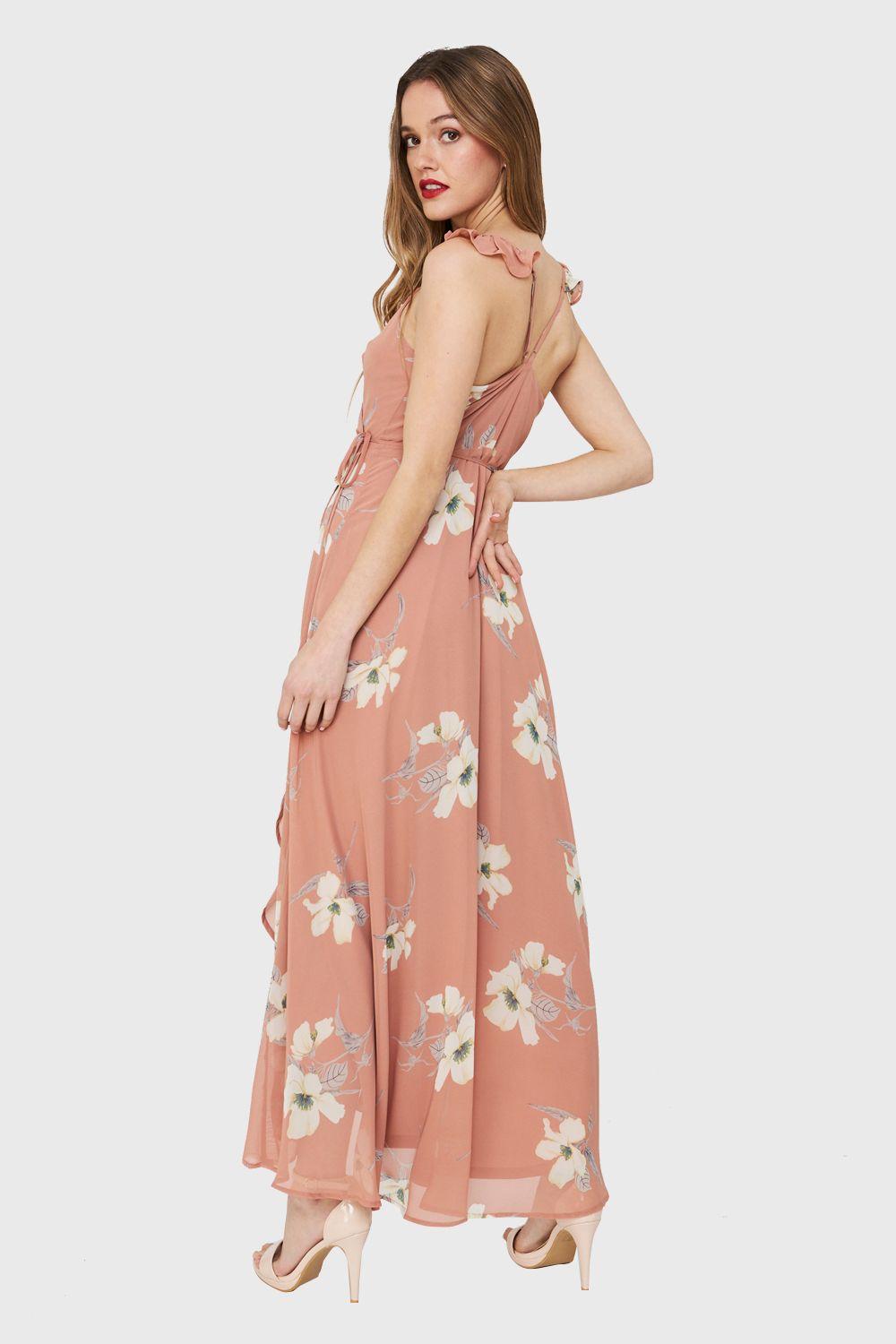 Vestido Largo Flores Envolvente Nude Nicopoly-3