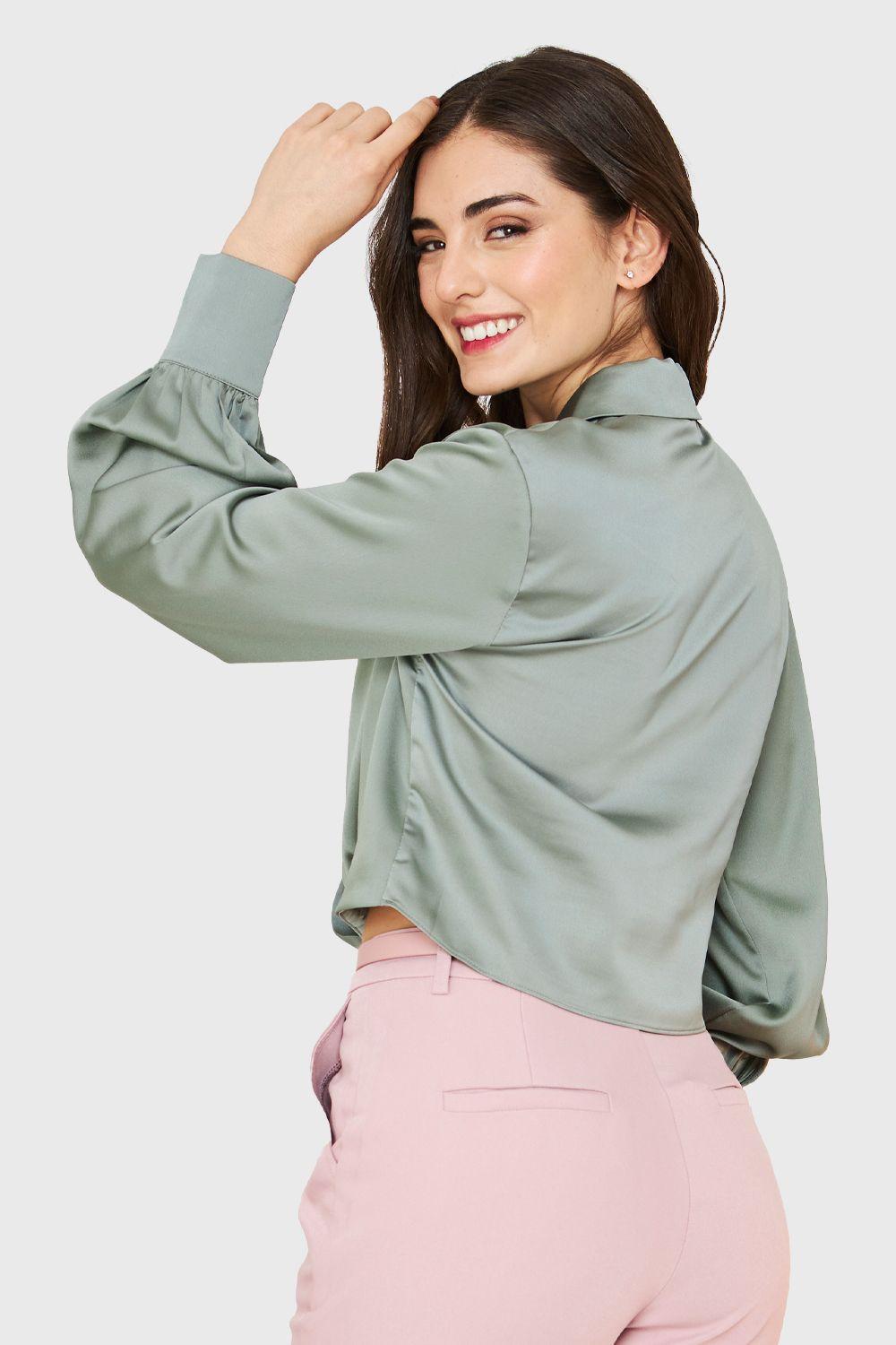 Blusa Crop Cruzada Tipo Satín Menta Nicopoly-3