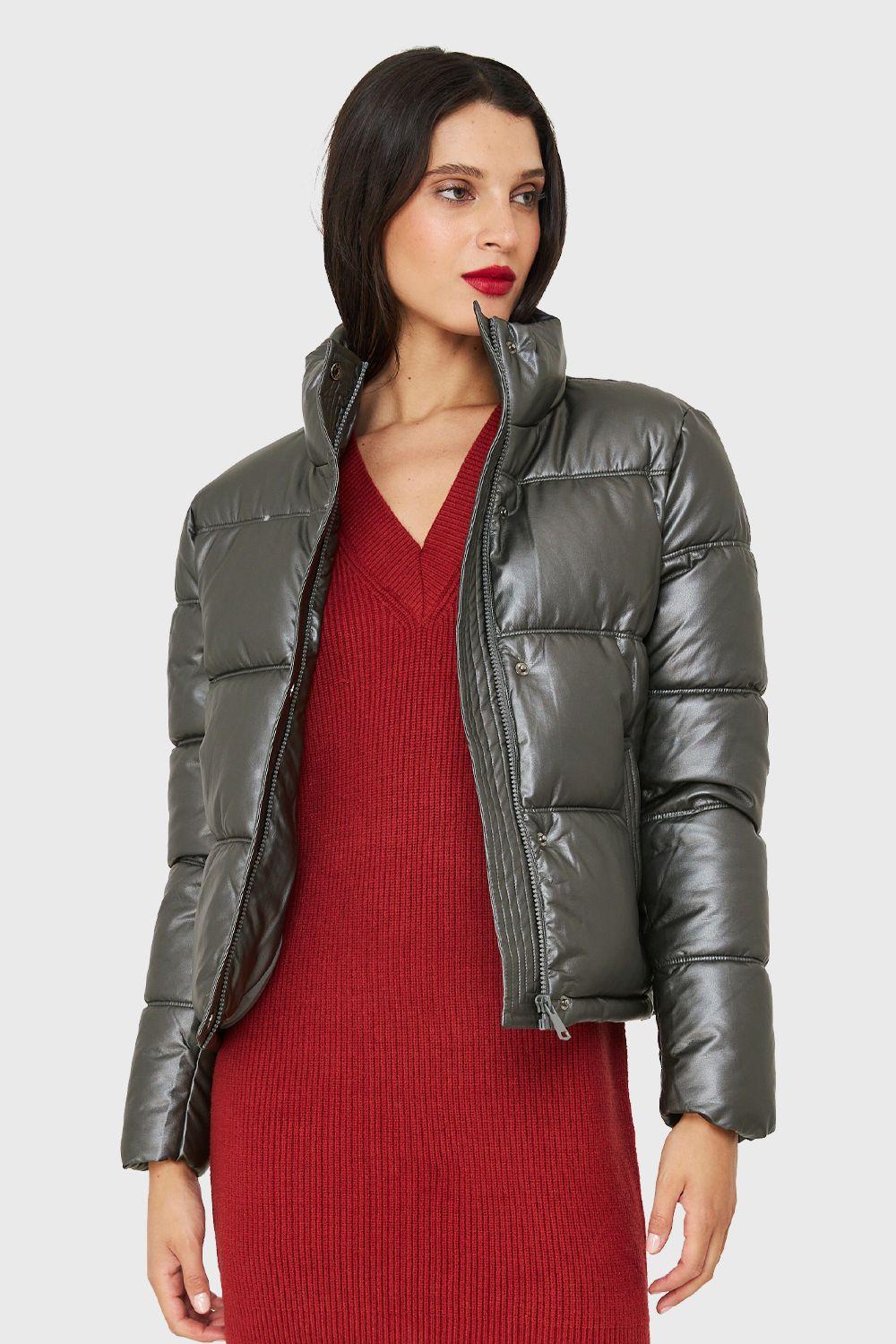 Parka Corta Tipo Ecocuero Gris Metálico Nicopoly-4