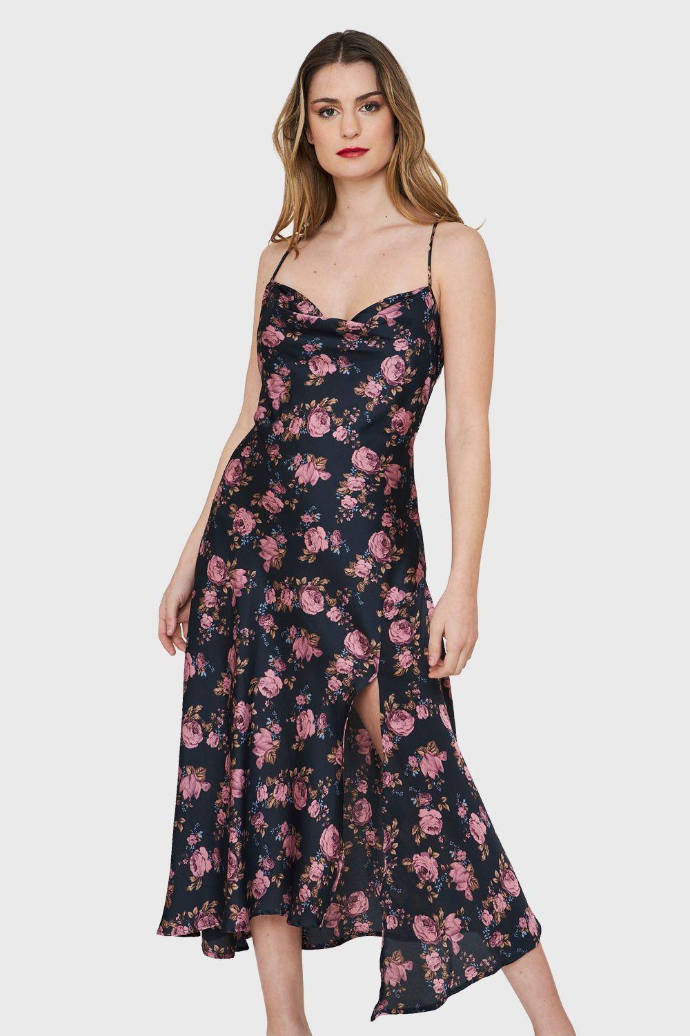 Vestido Tipo Satín Tajo Floral Azul Nicopoly-0