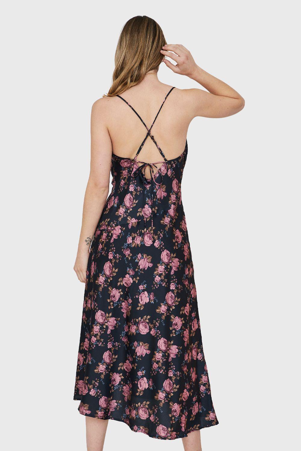 Vestido Tipo Satín Tajo Floral Azul Nicopoly-3