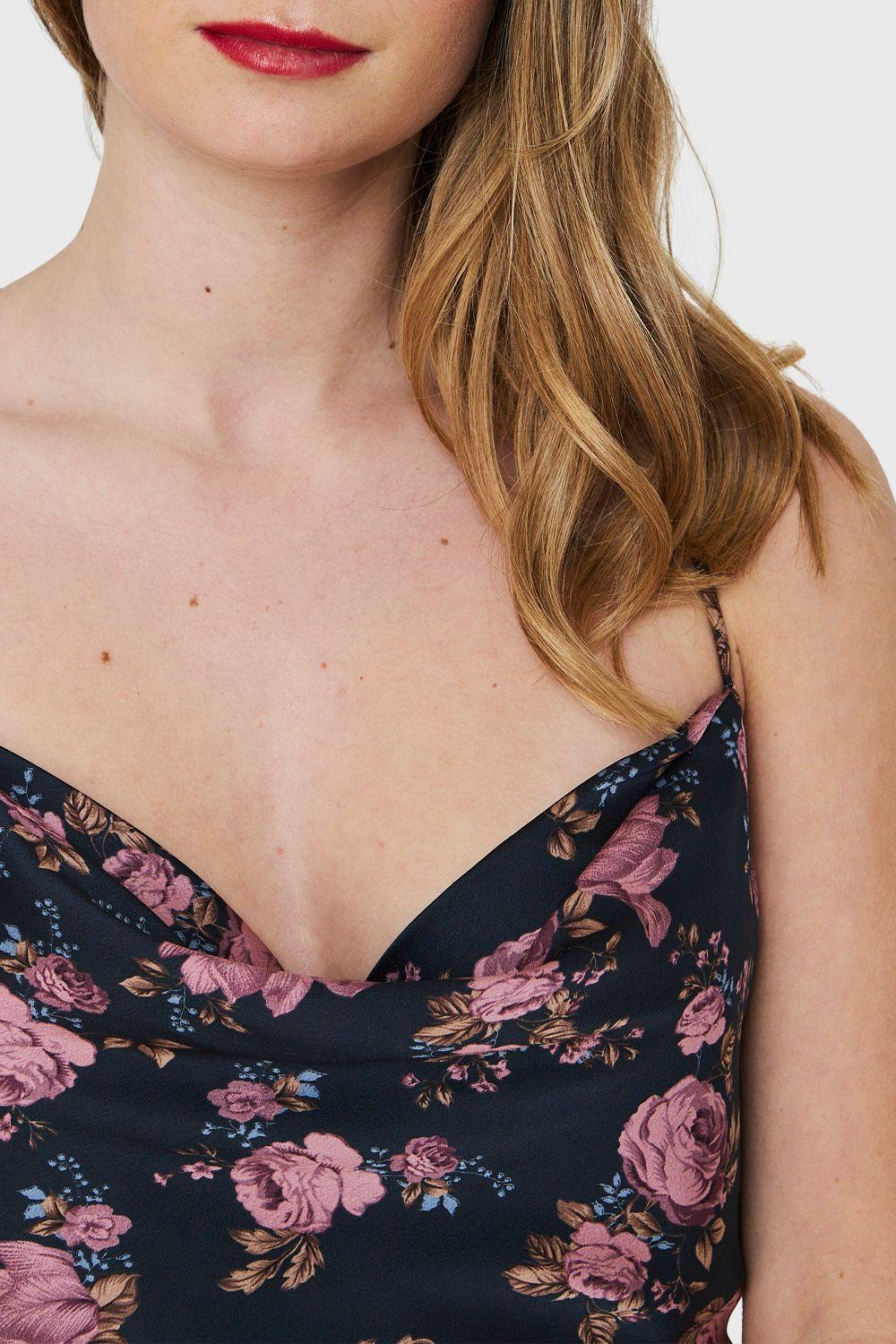 Vestido Tipo Satín Tajo Floral Azul Nicopoly-5