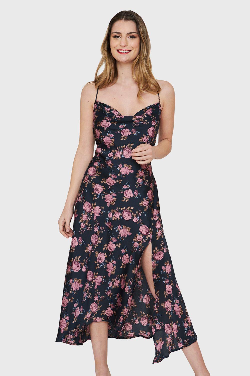 Vestido Tipo Satín Tajo Floral Azul Nicopoly-4
