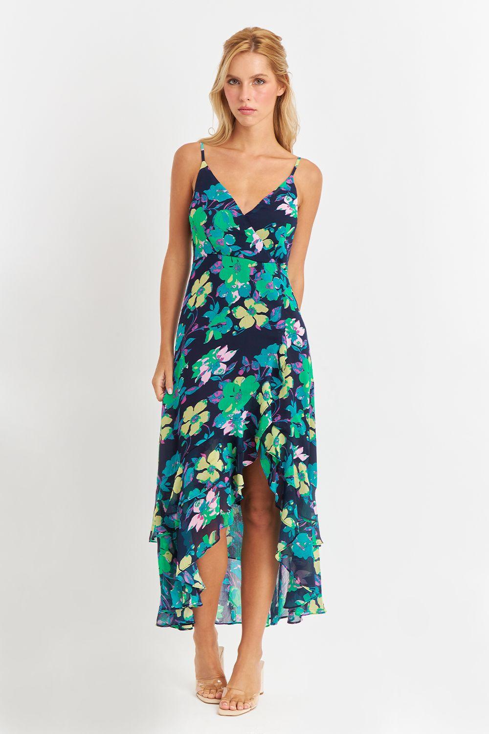 Vestido Asimétrico Floral Verde Nicopoly-1